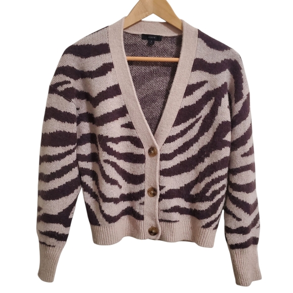 J.Crew Ribbed V-neck cardigan sweater in zebra stripe Knitted Wool Alpaca S - Picture 2 of 13